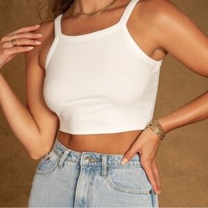 Meshki Cream Ribbed and Cropped Tank Top Size Large